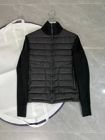 Geacă de puf patchwork tricotată din lână, umplutură din puf de rață alb, croială Slim, guler înalt cu fermoar, căldură pentru toate anotimpurile