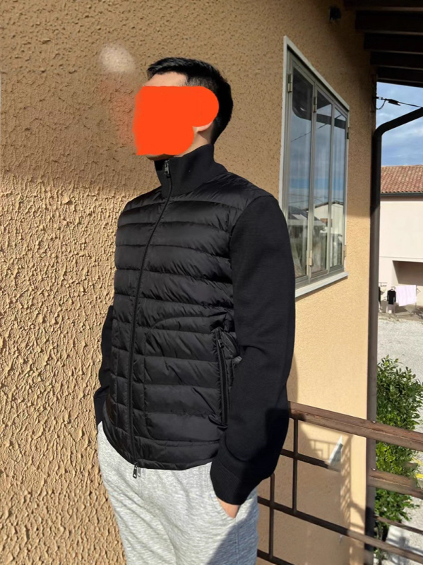 Geacă de puf patchwork tricotată din lână, umplutură din puf de rață alb, croială Slim, guler înalt cu fermoar, căldură pentru toate anotimpurile