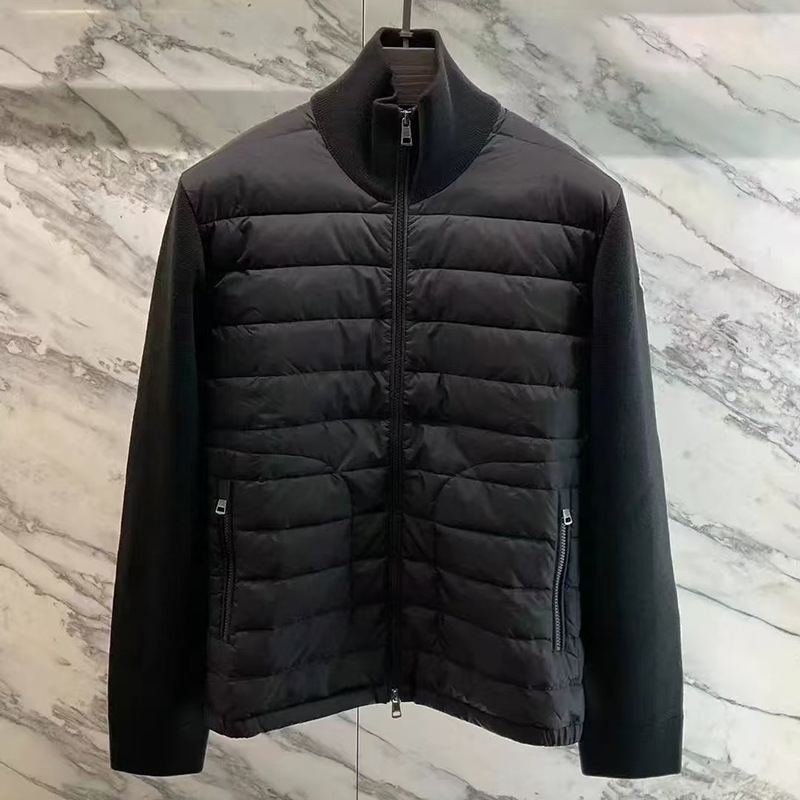 Geacă de puf patchwork tricotată din lână, umplutură din puf de rață alb, croială Slim, guler înalt cu fermoar, căldură pentru toate anotimpurile