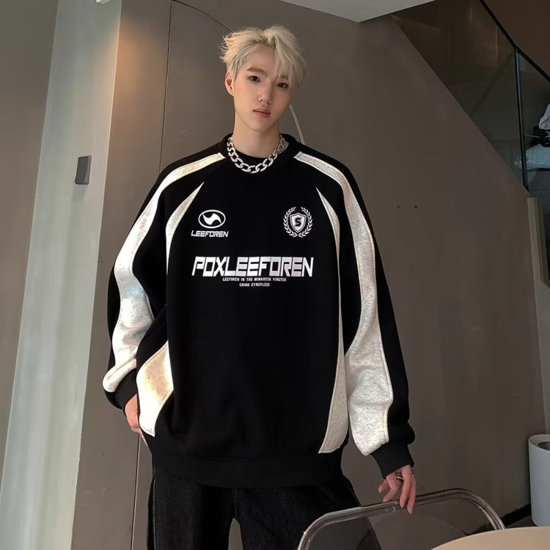 Muški pulover s raglan rukavima i okruglim izrezom, kontrastni dizajn, tanak poliester vlakno 91–95%, udoban kroj, za muškarce, jesenski streetwear