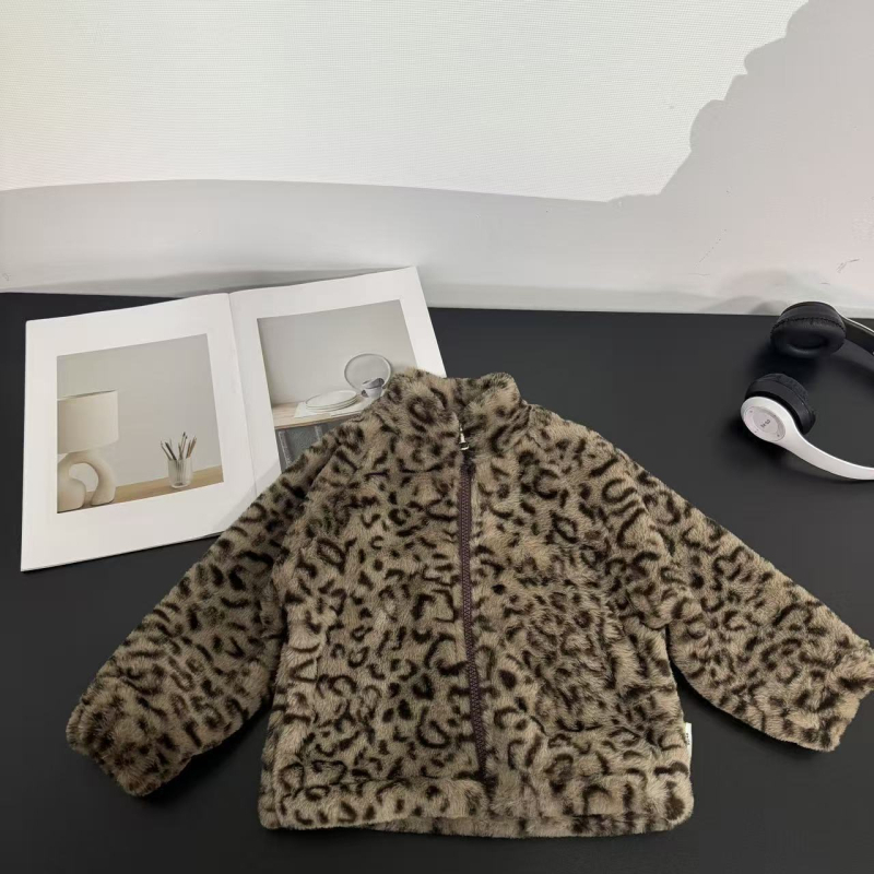 Corduroy materijal Leopardski uzorak dječja jakna, Zip zatvarač, okrugli ovratnik, dugi rukavi