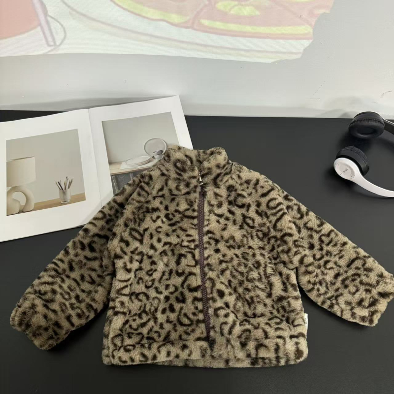 Corduroy materijal Leopardski uzorak dječja jakna, Zip zatvarač, okrugli ovratnik, dugi rukavi