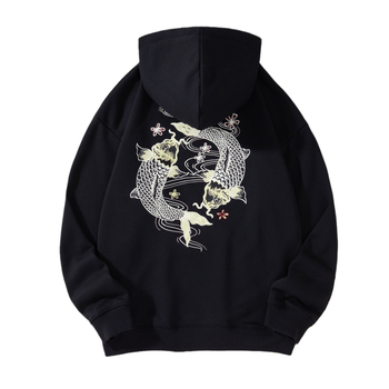 Hanorac tricotat cu broderie koi, bumbac 96%+, tricot gros, guler rotund, mâneci lungi