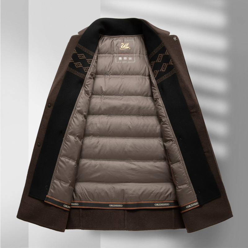 Obostrani vuneni kaput srednje dužine za muškarce srednje dobi, luksuzan i topao poslovni vuneni kaput s odvojivom podstavom od perja