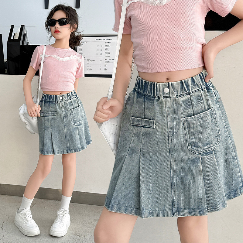 Meitenēm džinsa plissētās A līnijas svārki, 60% kokvilna, vienkrāsains, 8+ gadi