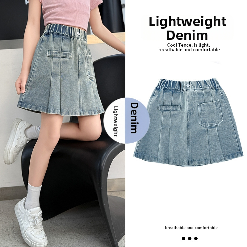 Tüdrukutele džinsist plisseeritud A-telje seelik, 60% puuvill, ühevärviline, 8+ aastastele