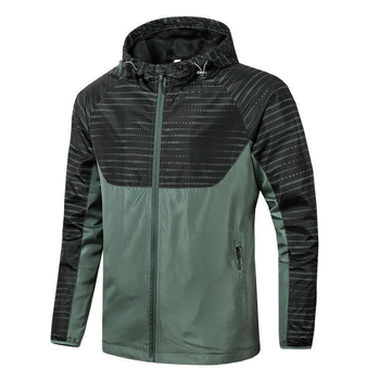 Muška sportska windbreaker jakna s kapuljom, zatvarač, stoji za krag, široki kroj, najlonska mješavina materijal, poliester podstava, print detalji