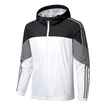 Muška sportska windbreaker jakna s kapuljom, zatvarač, stoji za krag, široki kroj, najlonska mješavina materijal, poliester podstava, print detalji
