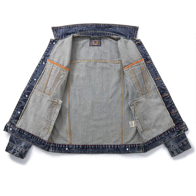 Muška pamučna denims jakna - slim fit, dugi rukav, ovratnik s reverom, proljeće i jesen, plus veličina, američki retro workwear