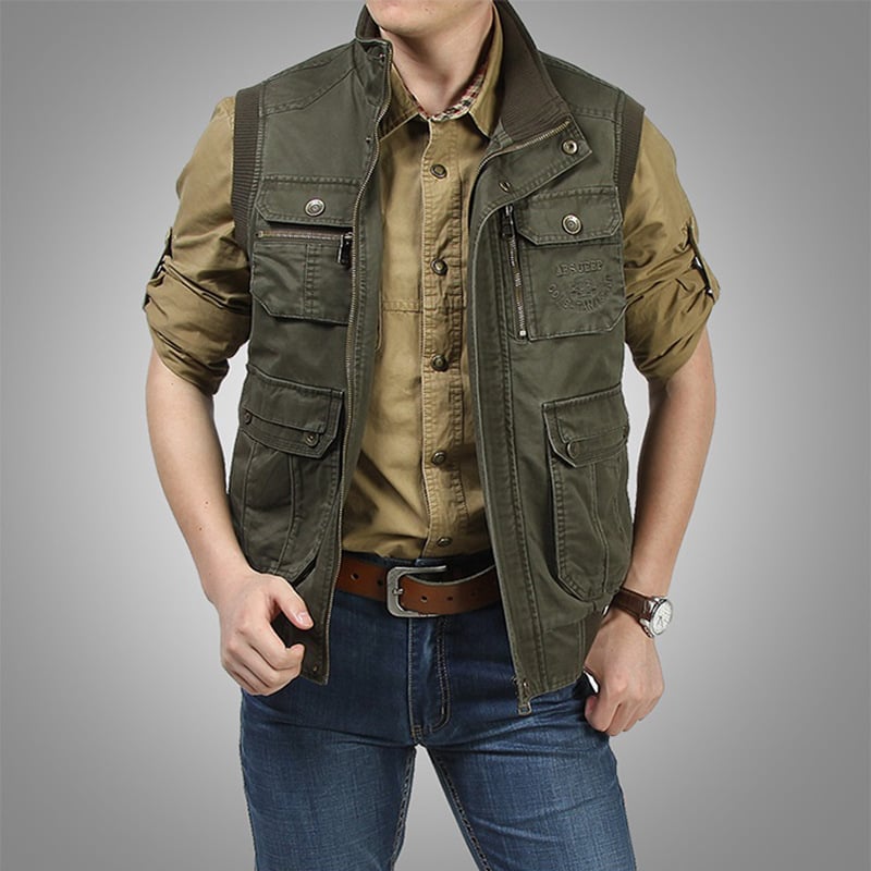 Muška pamučna vest, 100% pamuk, stojeći ovratnik, zip, 3D patch džepovi, poliesterska podstava
