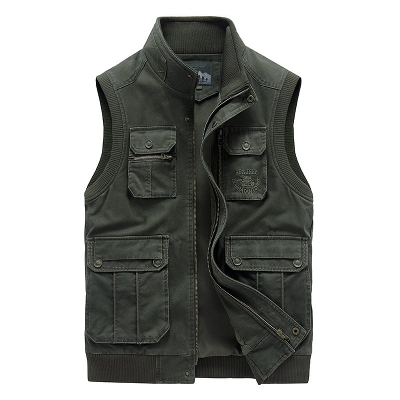 Muška pamučna vest, 100% pamuk, stojeći ovratnik, zip, 3D patch džepovi, poliesterska podstava