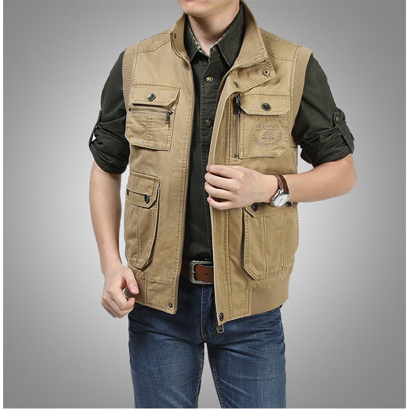 Muška pamučna vest, 100% pamuk, stojeći ovratnik, zip, 3D patch džepovi, poliesterska podstava
