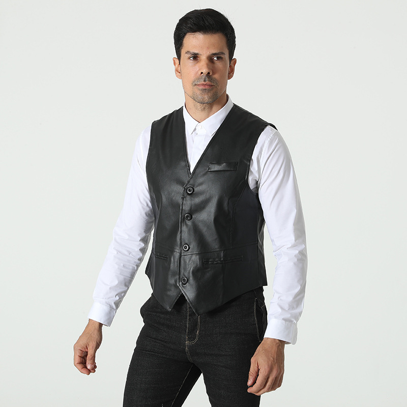 Muška PU kožna vesta – Slim fit, bez ovratnika, jednostruko kopčanje, britanski retro stil, pogodna za sve sezone