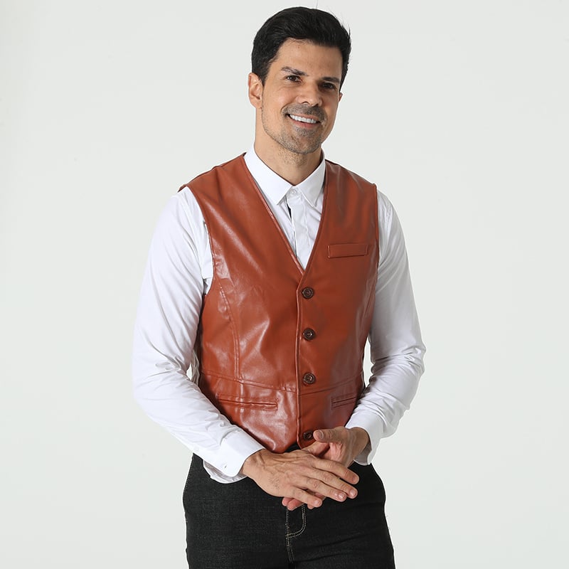 Muška PU kožna vesta – Slim fit, bez ovratnika, jednostruko kopčanje, britanski retro stil, pogodna za sve sezone