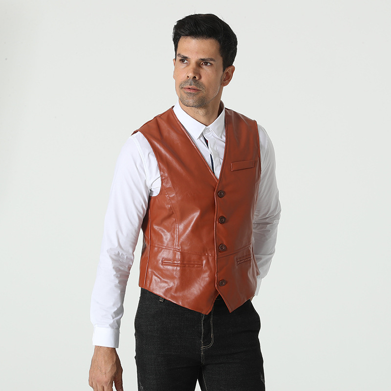 Muška PU kožna vesta – Slim fit, bez ovratnika, jednostruko kopčanje, britanski retro stil, pogodna za sve sezone