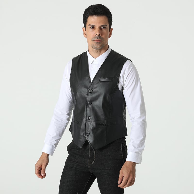 Muška PU kožna vesta – Slim fit, bez ovratnika, jednostruko kopčanje, britanski retro stil, pogodna za sve sezone