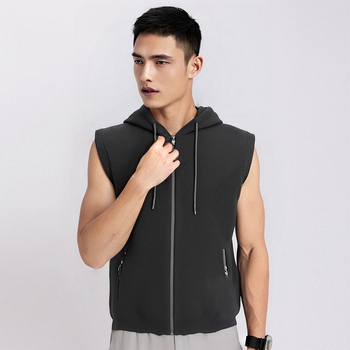 Жилетка с качулка, тесен силует, памучно-смесен трикотаж, странични джобове, прав край, за пролет и есен