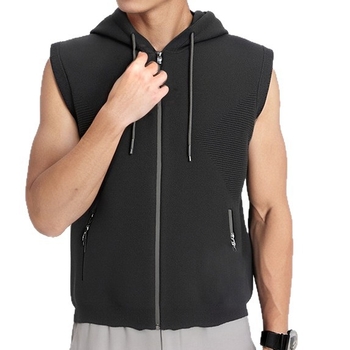 Жилетка с качулка, тесен силует, памучно-смесен трикотаж, странични джобове, прав край, за пролет и есен