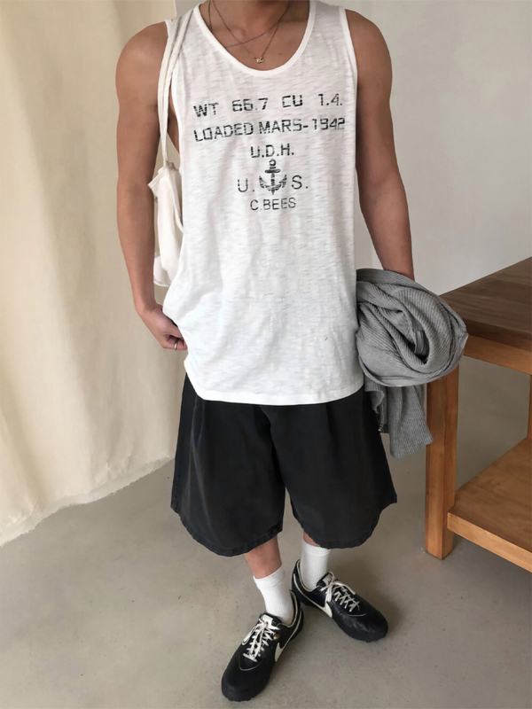 Безръкав потник със печат на котва и букви в американски стил, слим кройка, 70% памук 30% полиестер, кръгла яка