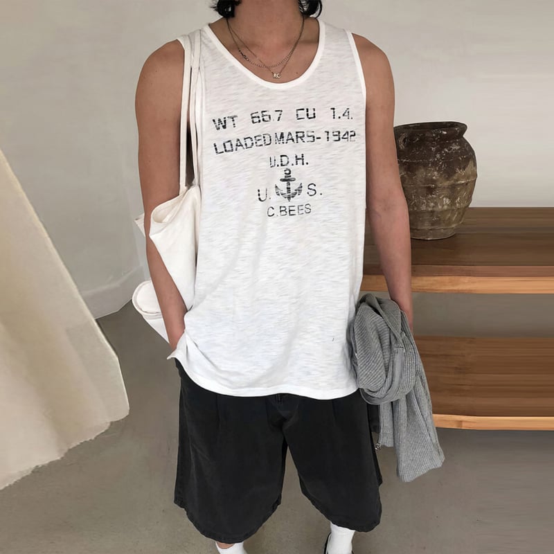 Безръкав потник със печат на котва и букви в американски стил, слим кройка, 70% памук 30% полиестер, кръгла яка