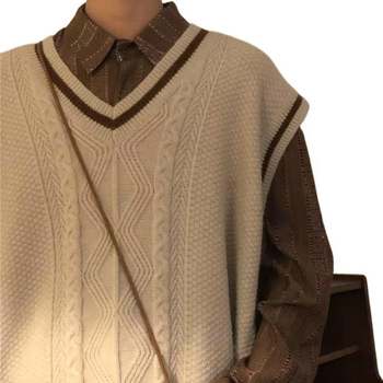 Vesta tricotată fără mâneci, decolteu în V, stil colegial, japonez retro, croială Slim, închidere cu nasturi în două rânduri, buzunare patch tridimensionale