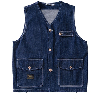 Vestă din denim vintage slim, model cu dungi, fără guler, închidere cu nasturi, căptușeală din bumbac, buzunare cu panouri tridimensionale, vestă de lucru tactică pentru bărbați