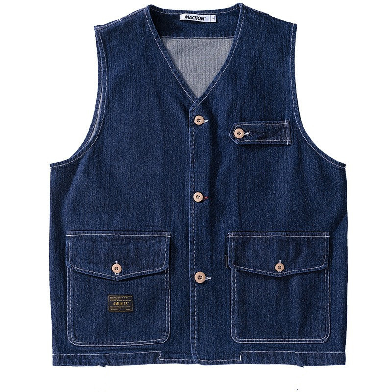 Vestă din denim vintage slim, model cu dungi, fără guler, închidere cu nasturi, căptușeală din bumbac, buzunare cu panouri tridimensionale, vestă de lucru tactică pentru bărbați