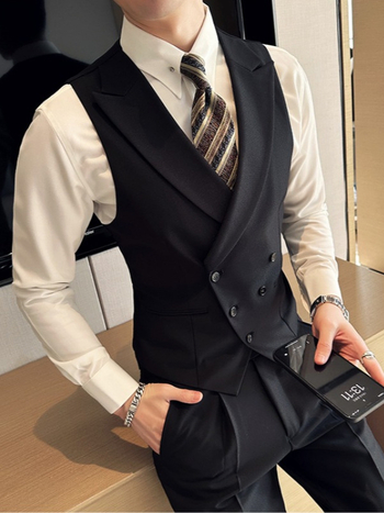 Vestă de costum unisex, croială Slim, cu guler de sacou, închidere pe un singur rând de nasturi, poliester solid