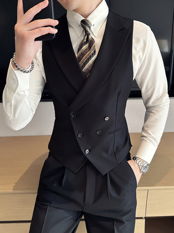 Vestă de costum unisex, croială Slim, cu guler de sacou, închidere pe un singur rând de nasturi, poliester solid