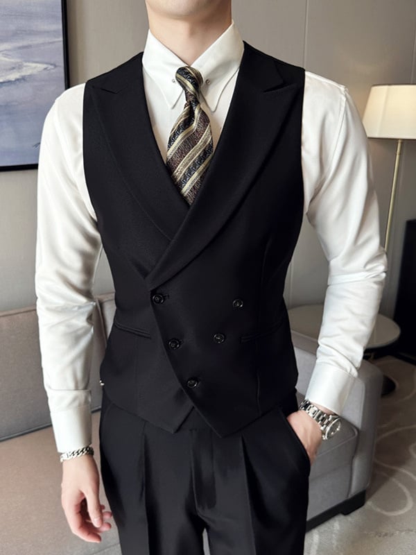 Vestă de costum unisex, croială Slim, cu guler de sacou, închidere pe un singur rând de nasturi, poliester solid