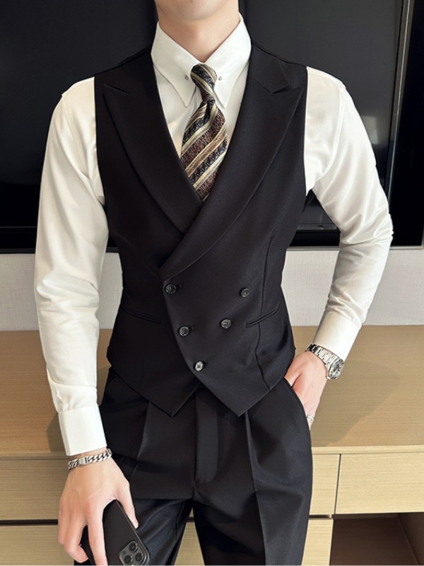Vestă de costum unisex, croială Slim, cu guler de sacou, închidere pe un singur rând de nasturi, poliester solid