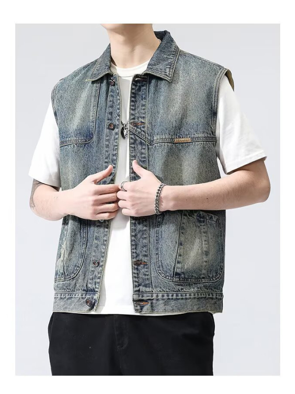 Muški denimski vest za proljeće i jesen, američki retro radni stil, opuštena linija, svakodnevna uporaba