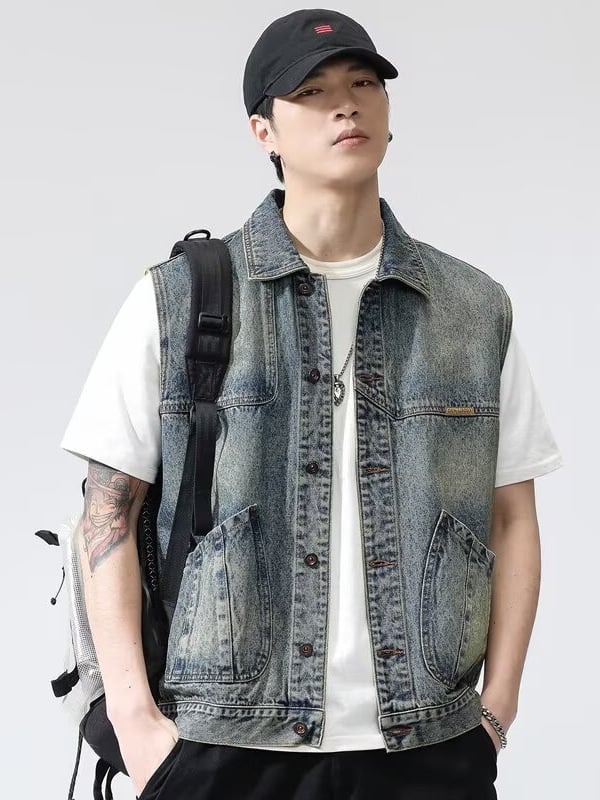 Muški denimski vest za proljeće i jesen, američki retro radni stil, opuštena linija, svakodnevna uporaba