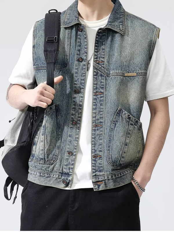 Muški denimski vest za proljeće i jesen, američki retro radni stil, opuštena linija, svakodnevna uporaba
