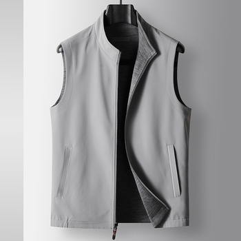 Ανδρικό διπλής όψεως γιλέκο χωρίς μανίκια, πλεκτό ύφασμα, για άνοιξη–φθινόπωρο, με φερμουάρ μπροστά, στάντ γιακά, ίσιο κόψιμο