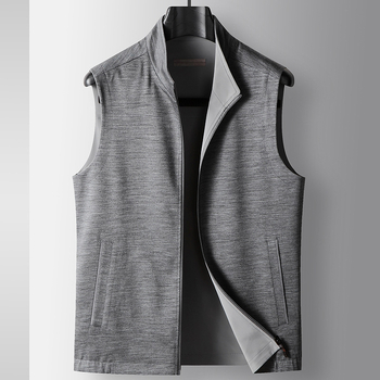 Ανδρικό διπλής όψεως γιλέκο χωρίς μανίκια, πλεκτό ύφασμα, για άνοιξη–φθινόπωρο, με φερμουάρ μπροστά, στάντ γιακά, ίσιο κόψιμο