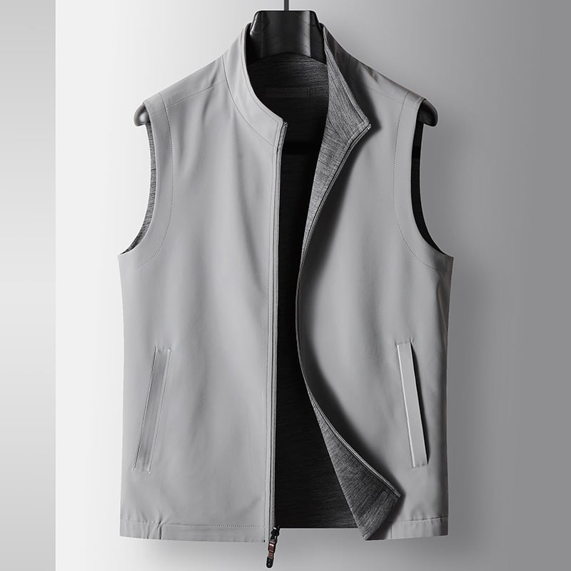 Ανδρικό διπλής όψεως γιλέκο χωρίς μανίκια, πλεκτό ύφασμα, για άνοιξη–φθινόπωρο, με φερμουάρ μπροστά, στάντ γιακά, ίσιο κόψιμο