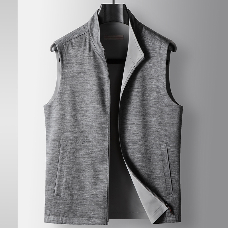 Ανδρικό διπλής όψεως γιλέκο χωρίς μανίκια, πλεκτό ύφασμα, για άνοιξη–φθινόπωρο, με φερμουάρ μπροστά, στάντ γιακά, ίσιο κόψιμο