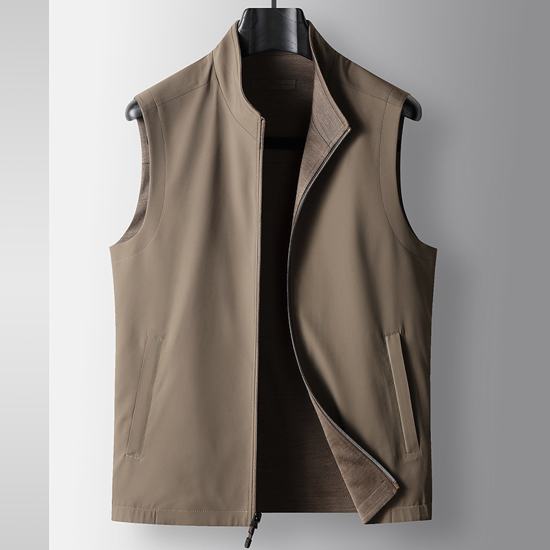 Ανδρικό διπλής όψεως γιλέκο χωρίς μανίκια, πλεκτό ύφασμα, για άνοιξη–φθινόπωρο, με φερμουάρ μπροστά, στάντ γιακά, ίσιο κόψιμο