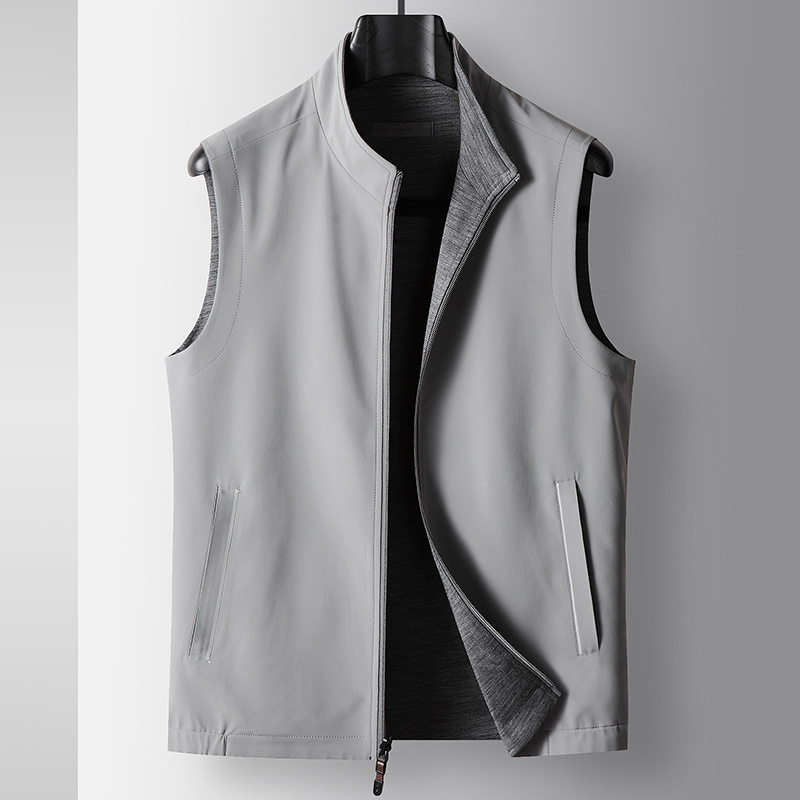 Ανδρικό διπλής όψεως γιλέκο χωρίς μανίκια, πλεκτό ύφασμα, για άνοιξη–φθινόπωρο, με φερμουάρ μπροστά, στάντ γιακά, ίσιο κόψιμο