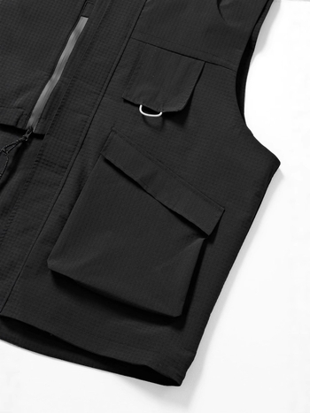 Vesta de lucru pentru bărbați, cu glugă, guler înalt, fermoar, croială lejeră, 100% poliester, mai multe buzunare