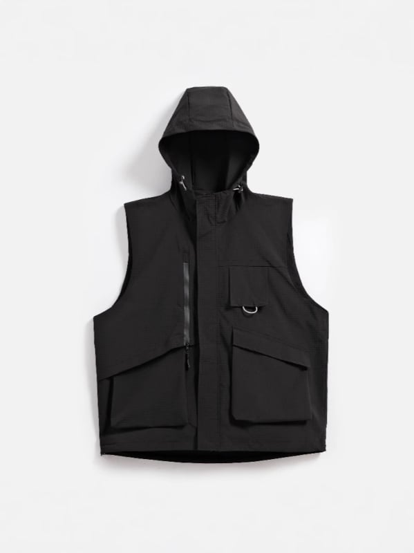 Vesta de lucru pentru bărbați, cu glugă, guler înalt, fermoar, croială lejeră, 100% poliester, mai multe buzunare