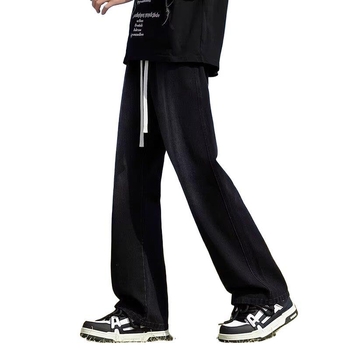 Crne muške traperice s flis podstavom, američki retro stil, zimska studentska moda, straight slim-fit dugačke hlače