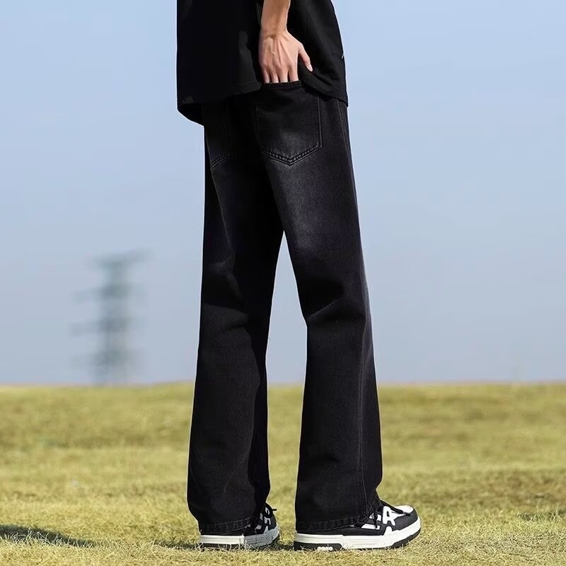 Crne muške traperice s flis podstavom, američki retro stil, zimska studentska moda, straight slim-fit dugačke hlače