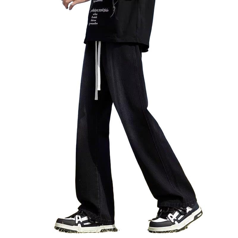 Crne muške traperice s flis podstavom, američki retro stil, zimska studentska moda, straight slim-fit dugačke hlače