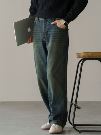 Blugi bărbați denim cu croială vintage, drepti, căptușeală fleece, talie medie, fermoar, detalii la buzunare, iarnă 2025