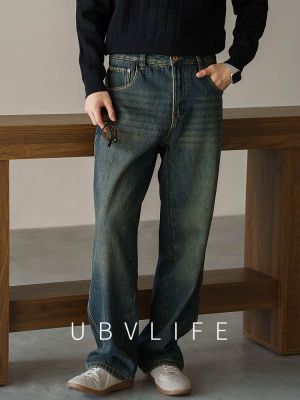 Blugi bărbați denim cu croială vintage, drepti, căptușeală fleece, talie medie, fermoar, detalii la buzunare, iarnă 2025