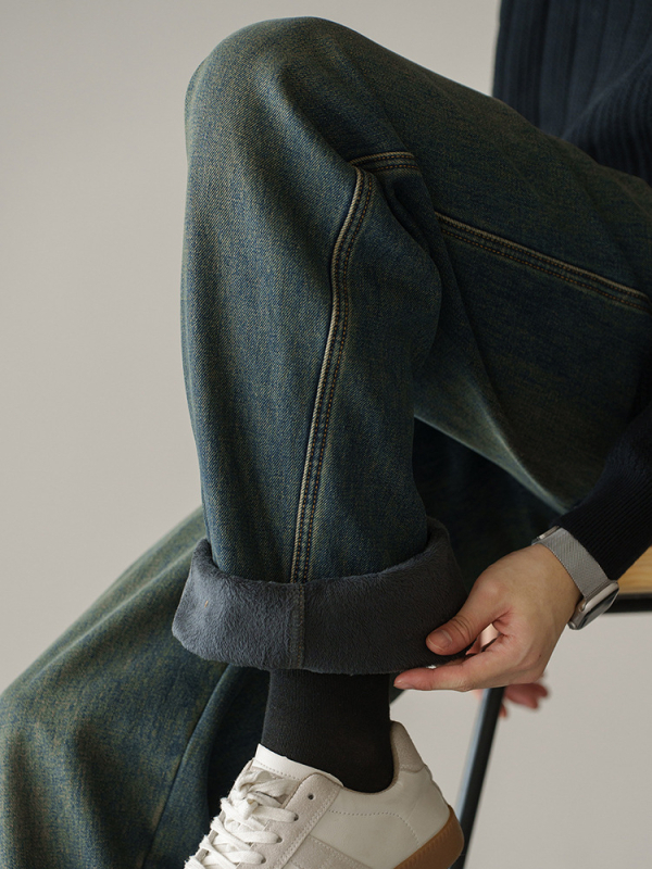 Blugi bărbați denim cu croială vintage, drepti, căptușeală fleece, talie medie, fermoar, detalii la buzunare, iarnă 2025