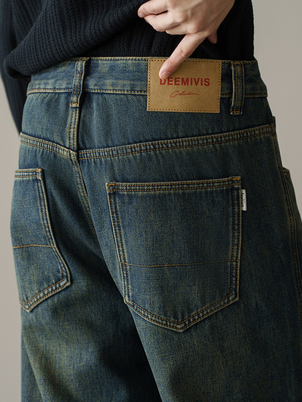 Blugi bărbați denim cu croială vintage, drepti, căptușeală fleece, talie medie, fermoar, detalii la buzunare, iarnă 2025