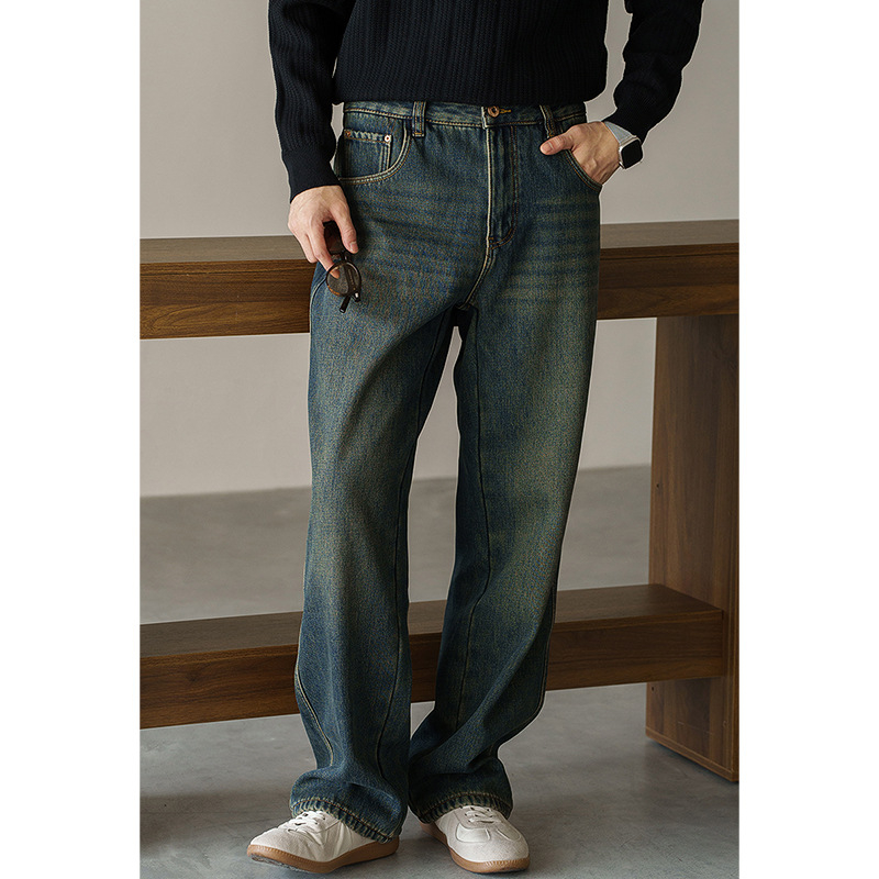 Blugi bărbați denim cu croială vintage, drepti, căptușeală fleece, talie medie, fermoar, detalii la buzunare, iarnă 2025